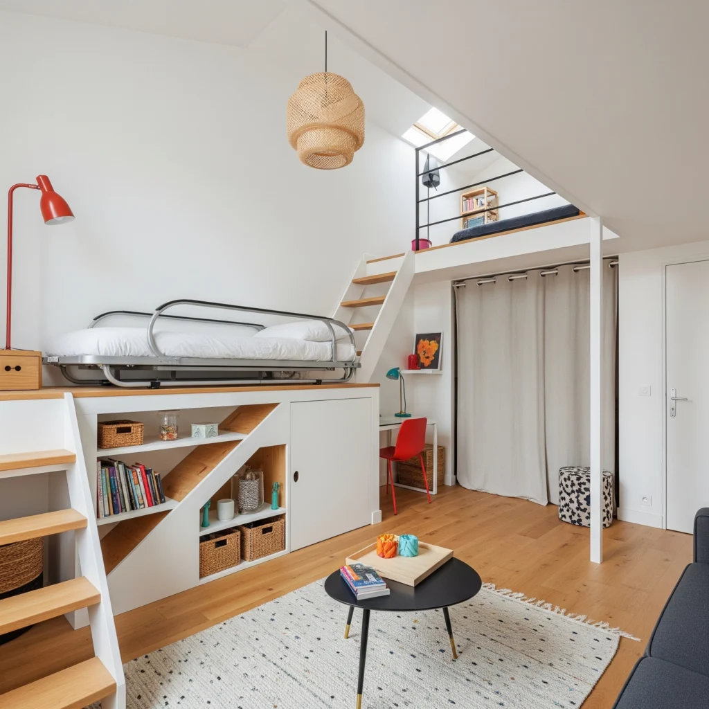 Elle représente l'intérieur d'un appartement ou d'une petite maison (dans un style qui pourrait se trouver à Nevers ou dans une ville française similaire) visiblement optimisé par un architecte pour gagner de l'espace. On y voit du mobilier multifonctionnel ou sur mesure, une utilisation intelligente de la hauteur ou des cloisons modulables. L'espace est lumineux, bien organisé, et dégage une sensation d'ouverture et de fonctionnalité malgré une surface potentiellement réduite, dans une ambiance moderne et chaleureuse.