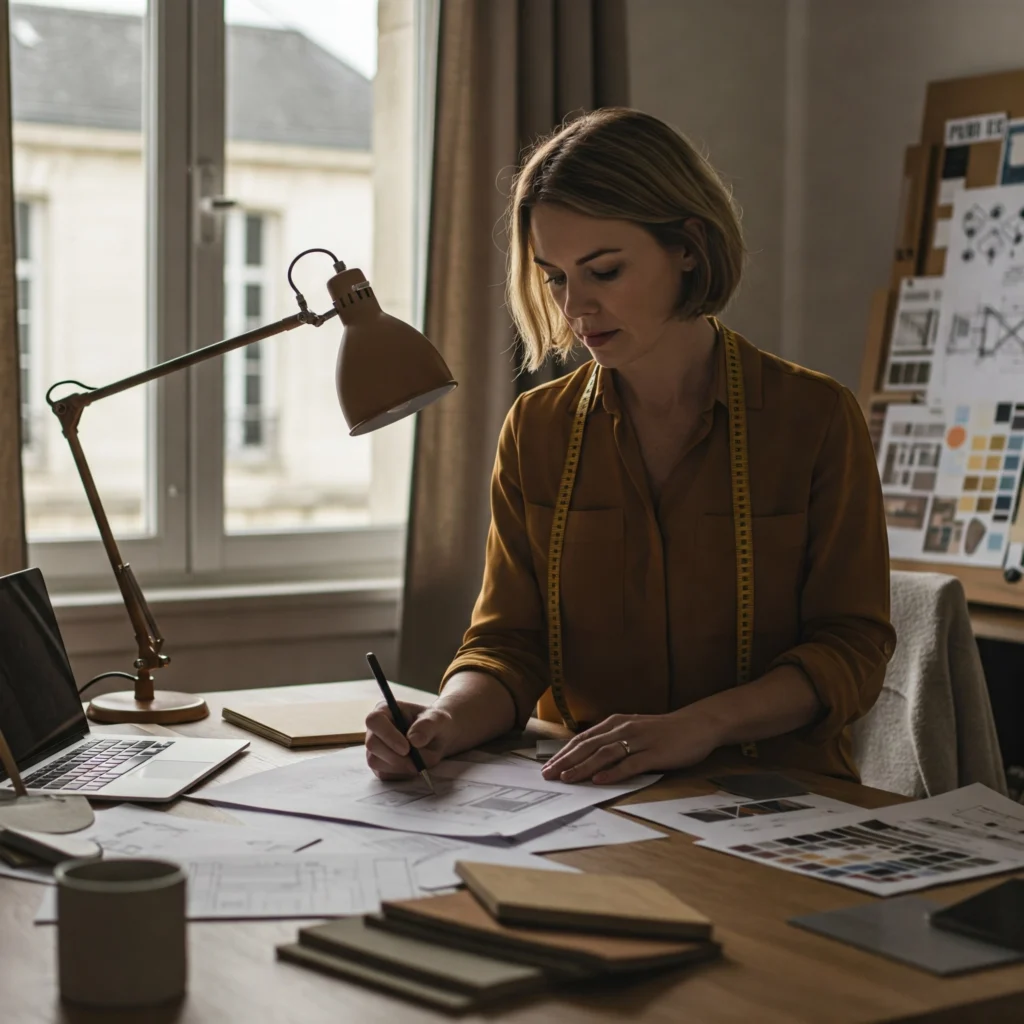 Elle représente une architecte d'intérieur professionnelle et créative à Nevers, examinant méticuleusement des plans et des échantillons de matériaux dans son élégant studio de design. Entourée d'éléments inspirants tels que des croquis, des moodboards et des palettes de couleurs, elle allie sans effort créativité et expertise. Une grande fenêtre offre un aperçu d'un détail architectural subtil et caractéristique de Nevers, reliant discrètement le design au contexte local. L'espace est baigné de lumière naturelle, soulignant l'élégance des éléments de design et le flux de travail réfléchi de la designer.