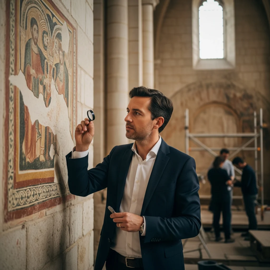Elle représente un architecte du patrimoine examinant attentivement un détail (ici, une fresque médiévale) à l'intérieur d'un bâtiment ancien en cours de restauration, dans un style qui pourrait rappeler celui de Nevers ou d'une autre ville historique française. L'image met en avant l'expertise, la minutie et le respect du patrimoine.
