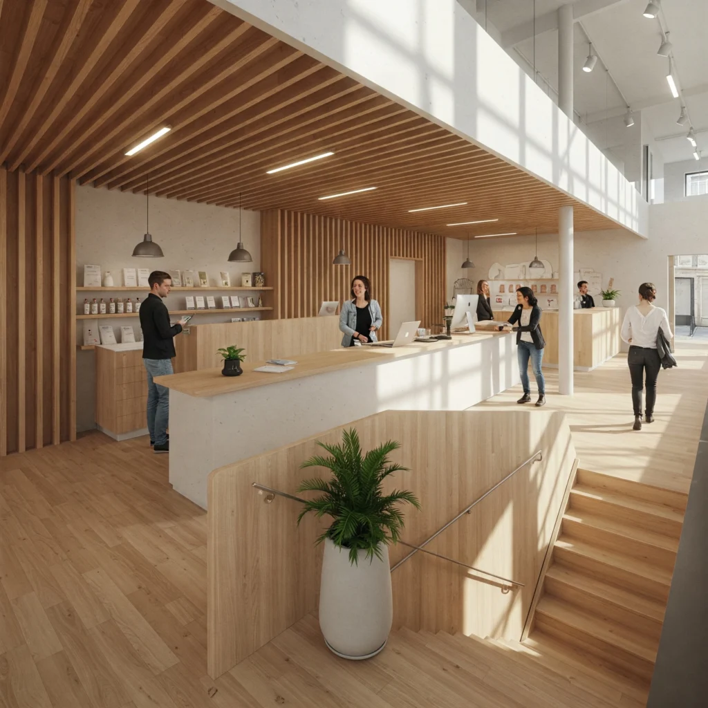 Elle présente l'intérieur élégant et lumineux d'un espace commercial moderne à Nevers (comme une boutique concept, un café design ou des bureaux accueillants). L'aménagement reflète une identité de marque forte et une bonne fonctionnalité. On y voit des clients ou employés (figurants) interagissant positivement. L'image illustre bien comment une architecture commerciale de qualité peut valoriser une entreprise à Nevers.