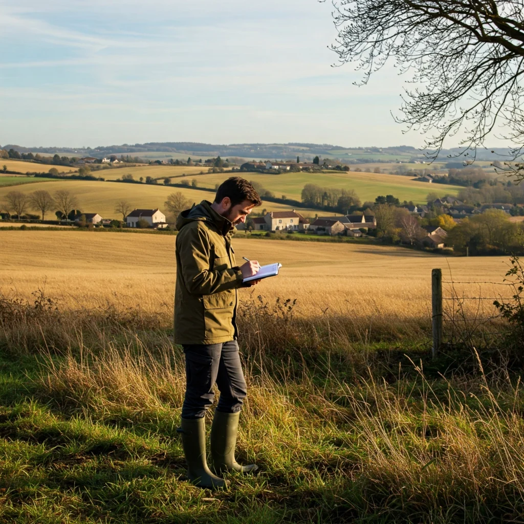 L'architecte observe attentivement le terrain, prenant des notes. La scène est baignée d'une lumière naturelle douce, évoquant la concentration, le professionnalisme et le respect de l'environnement, et soulignant l'importance de cette analyse pour un projet réussi en milieu rural.