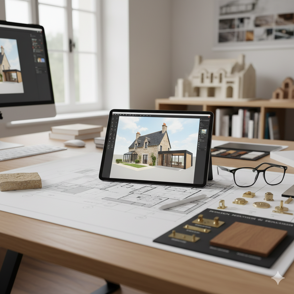 Une mise en scène d'un bureau d'architecte avec des plans détaillés, des échantillons de matériaux (pierre, tuile, bois) et un rendu 3D d'un projet de rénovation ou d'extension intégrant un élément patrimonial (façade ancienne, toiture spécifique). L'objectif est de montrer la complexité et la précision attendues dans un dossier ABF.