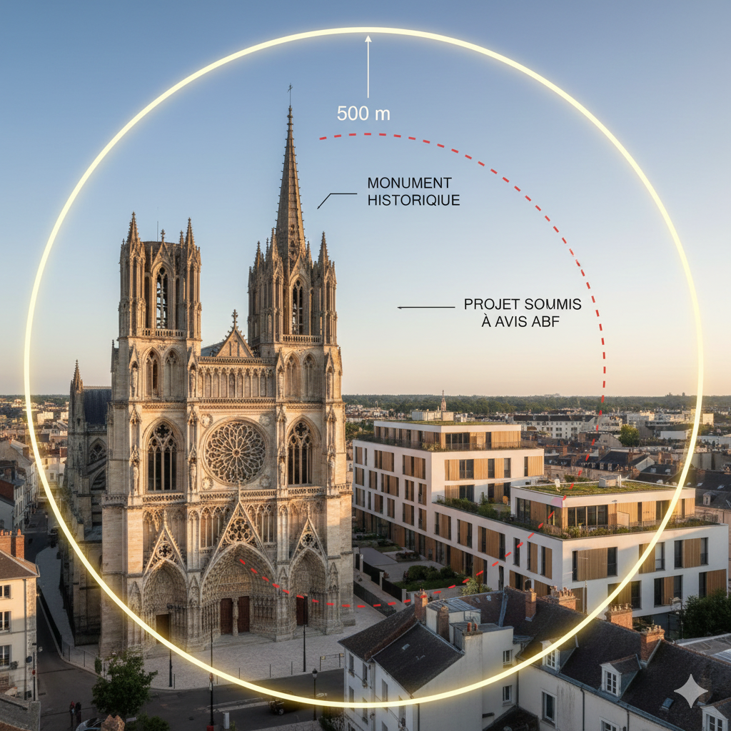 Une représentation stylisée ou un photomontage montrant un architecte (personnage) en discussion avec un représentant de l'ABF (personnage en costume, plus institutionnel). En arrière-plan, on devine des plans d'architecte et peut-être une ébauche de bâtiment ancien/moderne, symbolisant le conseil et la collaboration.