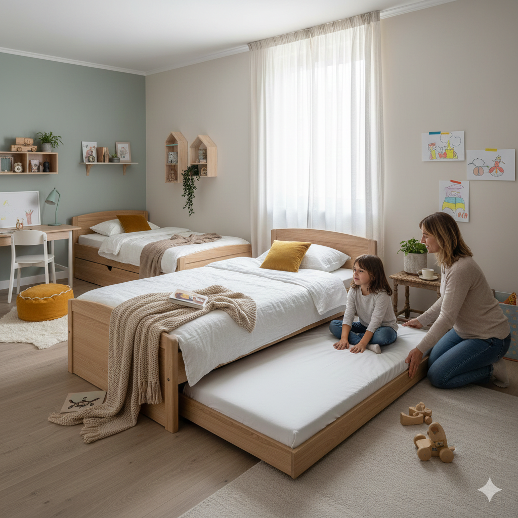 une maman et son efant installée dans un lit 80x180 pour préparer la nuit de sa fille 